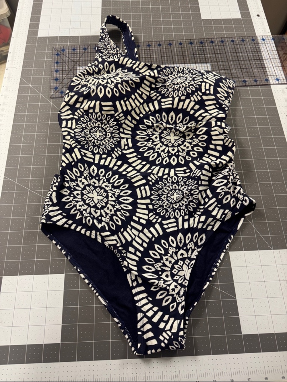 Nicole Miller Navy and White One-Shoulder Printed One-Piece Swimsuit